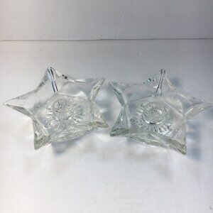 Hazel-Atlas Crystal Glass Star Line Set 2 Candle Holder Vtg Christmas Holiday